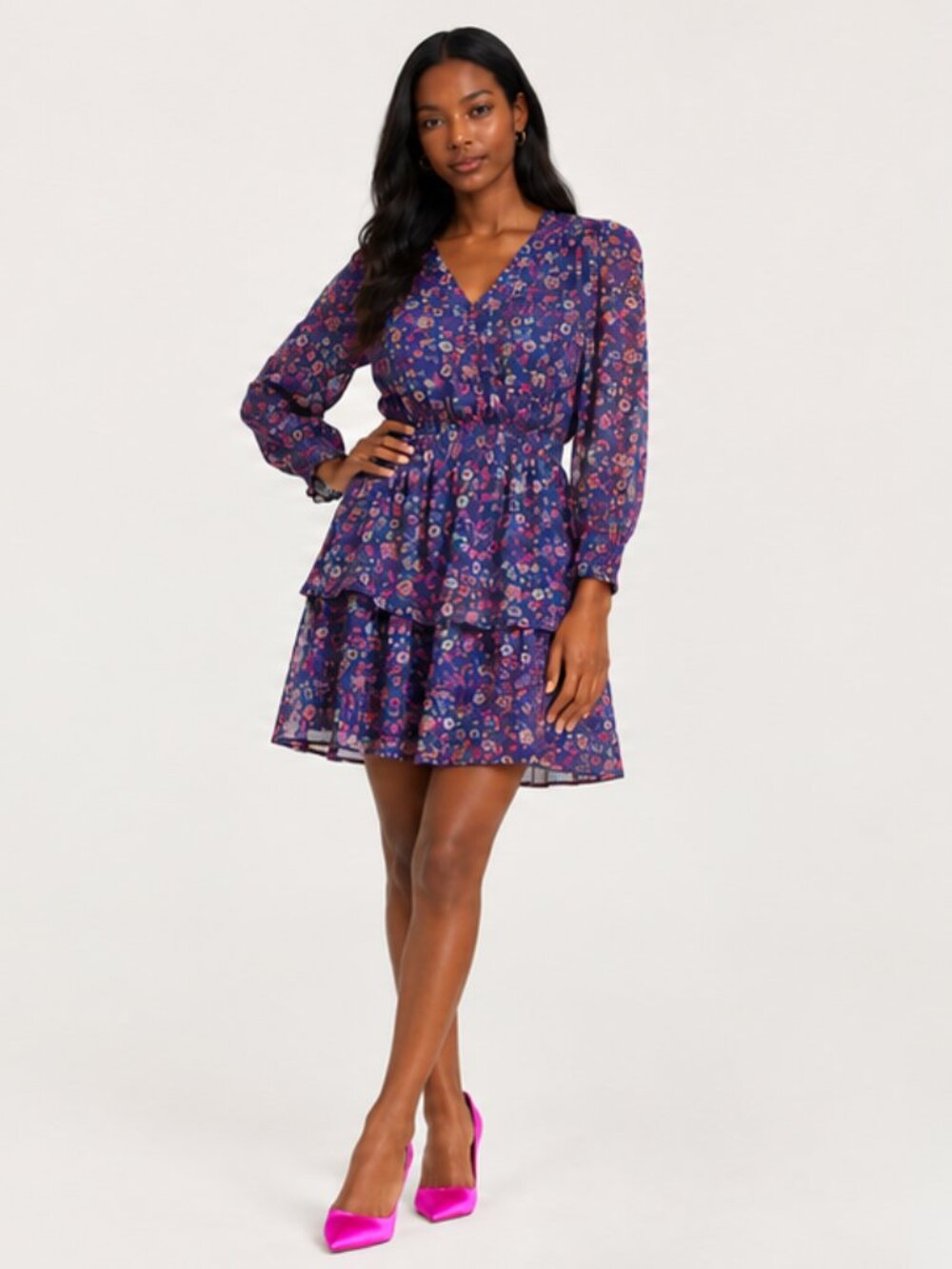 AQUA Floral Tiered Long-Sleeve Mini Dress – Size Large